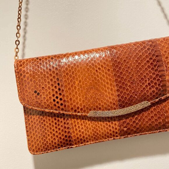 Vintage 1950s Genuine Snake Skin Gold Chain Crossbody Bag Clutch - Picture 4 of 14
